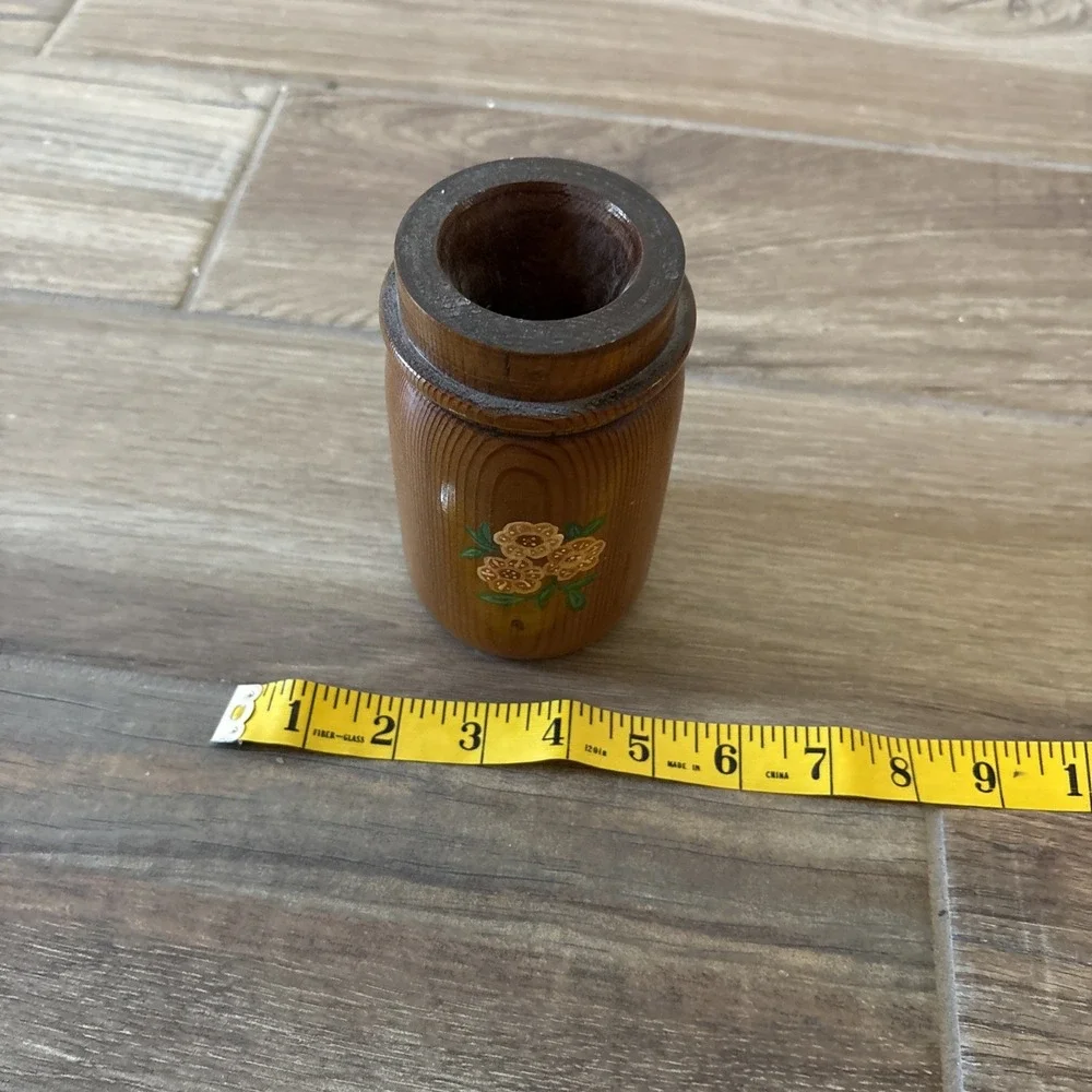 Vintage Wooden Jar Painted Brown Flowers Accent‎ 5